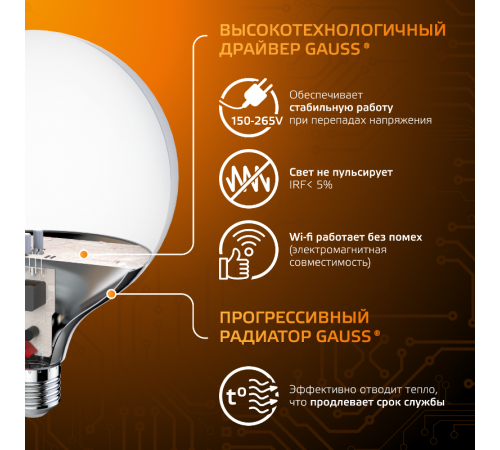 Лампа светодиодная Black LED G125 E27 22W 1780lm 3000K  105102122  Gauss