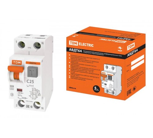 Выключатель автоматический дифференциального тока АВДТ 64 1п+N 25А C 30мА тип A  SQ0205-0006  TDM