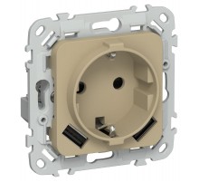 FLITE Розетка с заземлением со шторками 16А с USB A+A 3,1А быстрозажимные клеммы РСЮша11-1-ФлХ хаки  FI-R14-16-1-U21-D31-K59  IEK