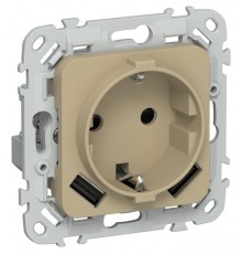 FLITE Розетка с заземлением со шторками 16А с USB A+A 3,1А быстрозажимные клеммы РСЮша11-1-ФлХ хаки  FI-R14-16-1-U21-D31-K59  IEK