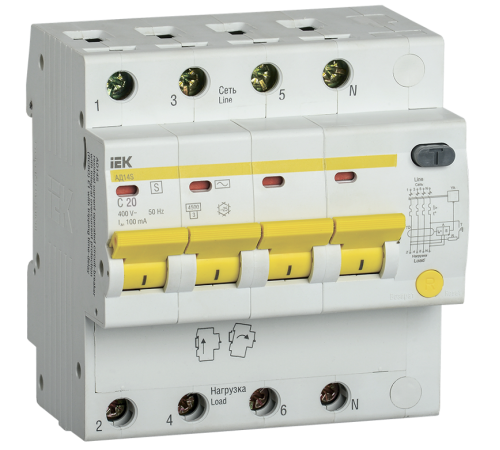 Выключатель автоматический дифференциального тока АД14S 4п 20А C 100мА тип AC (5 мод)  MAD13-4-020-C-100  IEK