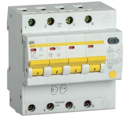 Выключатель автоматический дифференциального тока АД14S 4п 20А C 100мА тип AC (5 мод)  MAD13-4-020-C-100  IEK