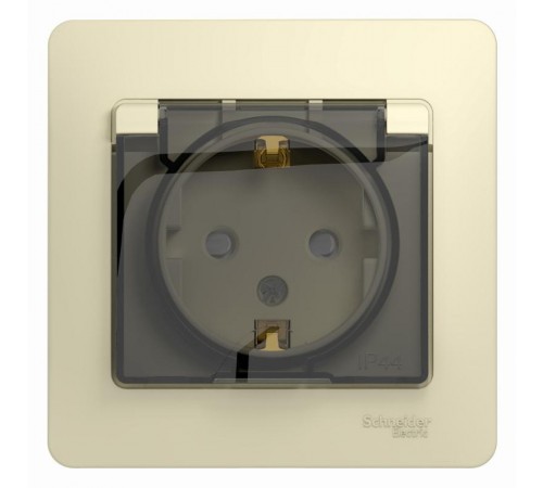 Glossa Бежевый Розетка с заземлением со шторками с крышкой, IP44 (в сборе с рамкой)  GSL000248  SE
