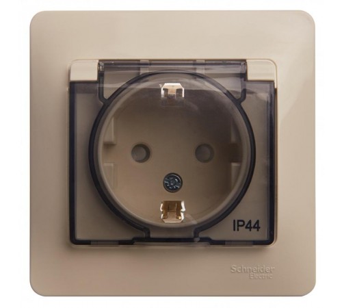 Glossa Бежевый Розетка с заземлением со шторками с крышкой, IP44 (в сборе с рамкой)  GSL000248  SE
