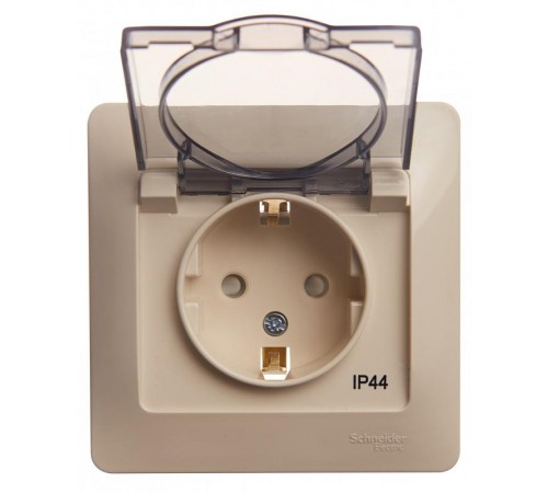 Glossa Бежевый Розетка с заземлением со шторками с крышкой, IP44 (в сборе с рамкой)  GSL000248  SE
