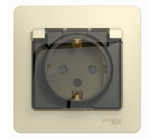 Glossa Бежевый Розетка с заземлением со шторками с крышкой, IP44 (в сборе с рамкой)  GSL000248  SE
