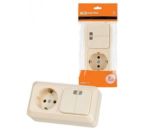 Блок комбинированный выкл. 2-кл. с/п 10А + розетка 2П+З 16А 250В БКВР IP20 сл. кость "Ладога"   SQ1801-0204  TDM