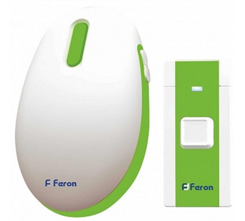 Звонок электрический дверной беспроводной E-375 звонок IP20 36 мелодий, 2*1,5V/АА (база), белый, зеленый  23688  FERON