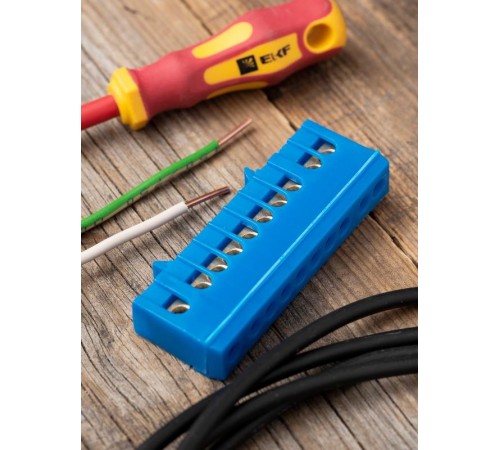 Шина "0" N (6х9мм) 10 отверстий латунь синий изолированный корпус на DIN-рейку EKF PROxima  sn0-63-10-ib  EKF