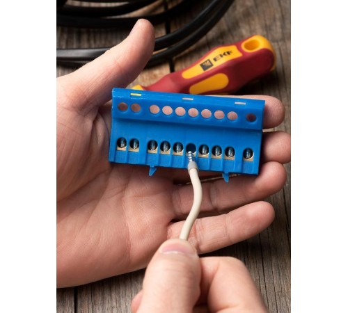 Шина "0" N (6х9мм) 10 отверстий латунь синий изолированный корпус на DIN-рейку EKF PROxima  sn0-63-10-ib  EKF