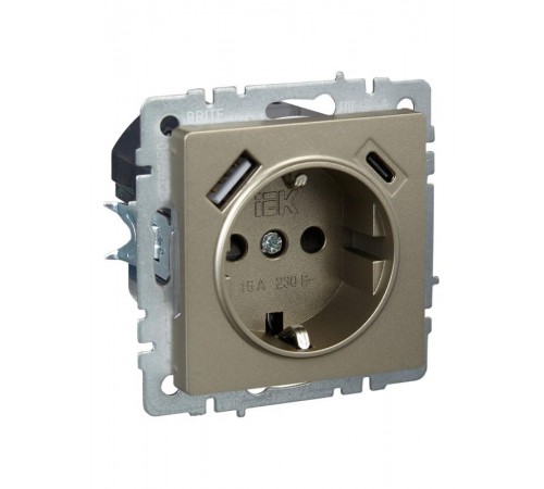 BRITE Розетка с заземлением со шторками 16А с USB A+C 18Вт РЮш11-1-БрШ шампань  BR-R14-16-U22-018-K37  IEK