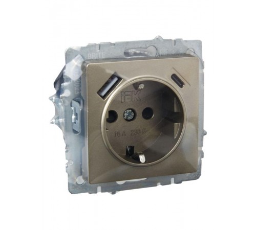 BRITE Розетка с заземлением со шторками 16А с USB A+C 18Вт РЮш11-1-БрШ шампань  BR-R14-16-U22-018-K37  IEK