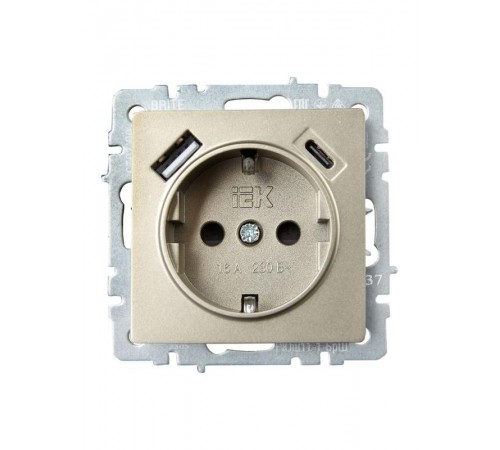 BRITE Розетка с заземлением со шторками 16А с USB A+C 18Вт РЮш11-1-БрШ шампань  BR-R14-16-U22-018-K37  IEK