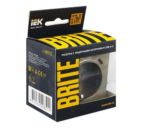 BRITE Розетка с заземлением со шторками 16А с USB A+C 18Вт РЮш11-1-БрШ шампань  BR-R14-16-U22-018-K37  IEK