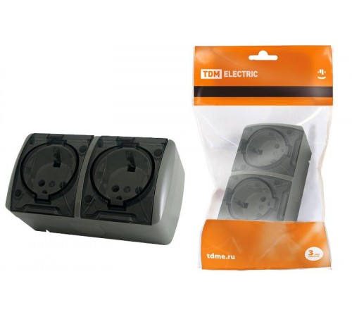 Розетка двойная 2П+3 открытой установки IP54 16А с прозрачной крышкой серая "Селигер"  SQ1818-0109  TDM