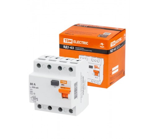 Выключатель дифференциальный (УЗО) ВД1-63 4Р 80А 500мА (тип АС, электромеханическое)  SQ0203-0101  TDM