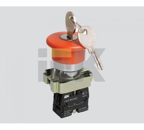 Кнопка LAY5-BS142 "Грибок"с ключом  красная d22мм  240В 1р   BBG50-LAY5-K04  IEK