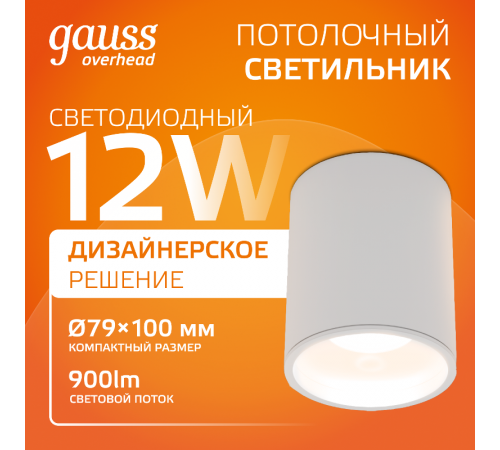 Светильник светодиодный  накладной HD030 12W (белый/белый) 3000K 79x100мм, 1/10  HD030  Gauss