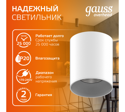 Светильник светодиодный  накладной HD030 12W (белый/белый) 3000K 79x100мм, 1/10  HD030  Gauss