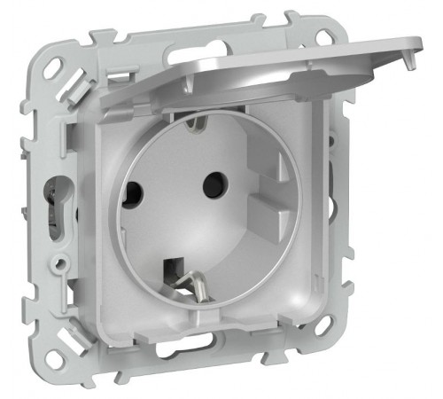 FLITE Розетка с заземлением со шторками с крышкой. 16А IP44 РСшкр11-0-44-ФлА алюминий  FI-R16-16-44-K47  IEK