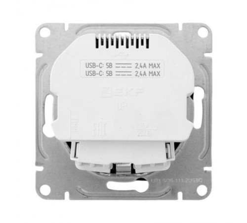 Механизм розетки с USB-C - 2шт, 16А, с заземлением, со шторками, чёрный Эпика EKF  UP1-SOB-111-2USBC  EKF