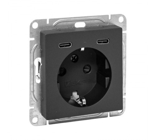 Механизм розетки с USB-C - 2шт, 16А, с заземлением, со шторками, чёрный Эпика EKF  UP1-SOB-111-2USBC  EKF