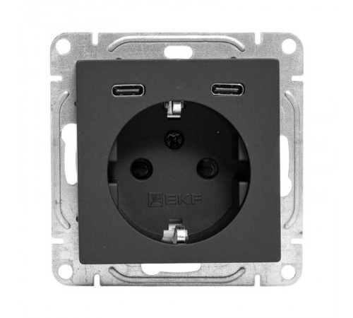 Механизм розетки с USB-C - 2шт, 16А, с заземлением, со шторками, чёрный Эпика EKF  UP1-SOB-111-2USBC  EKF