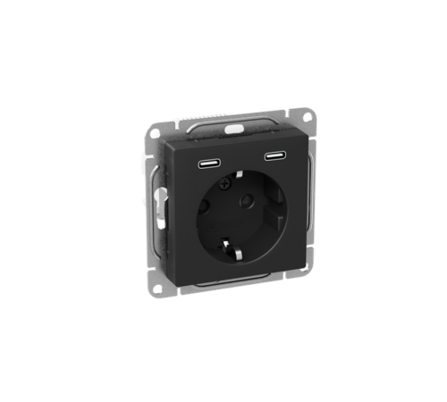 Механизм розетки с USB-C - 2шт, 16А, с заземлением, со шторками, чёрный Эпика EKF  UP1-SOB-111-2USBC  EKF