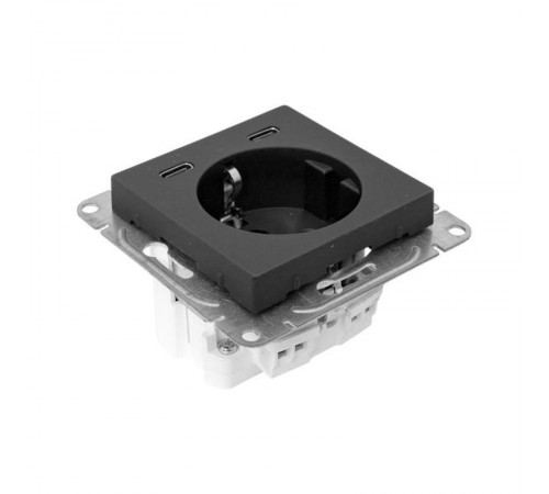 Механизм розетки с USB-C - 2шт, 16А, с заземлением, со шторками, чёрный Эпика EKF  UP1-SOB-111-2USBC  EKF