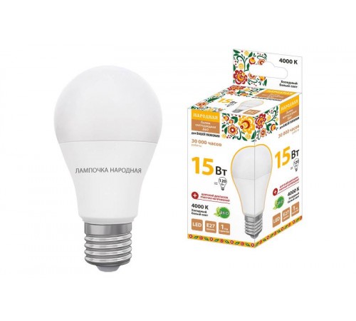 Лампа светодиодная НЛ-LED-A60-15 Вт-230 В-4000 К-Е27, (60х112 мм), Народная  SQ0340-1515  TDM