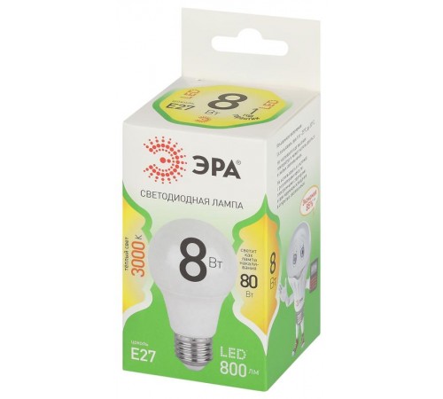 Лампа светодиодная  GREEN LINE LED A60-8W-830-E27 GL E27 8 Вт теплый свет  Б0067105  ЭРА