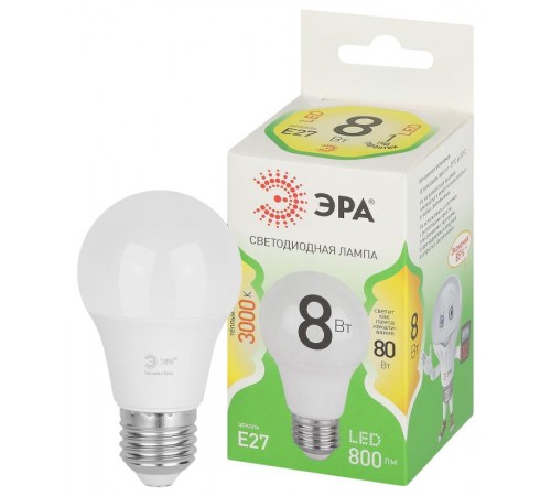 Лампа светодиодная  GREEN LINE LED A60-8W-830-E27 GL E27 8 Вт теплый свет  Б0067105  ЭРА