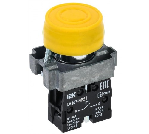 Кнопка LA167-BP51 d=22мм 1з желтая  BBT20-BP51-1-22-67-K05  IEK