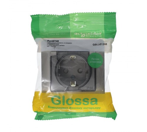 Glossa Платина Розетка с заземлением со шторками с крышкой IP44 (в сборе)  GSL001248  SE