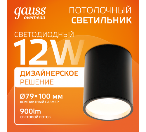 Светильник  Overhead накл цил 12W 900lm 3000K 170-240V IP20 79*100мм черный LED 1/10  HD008  Gauss