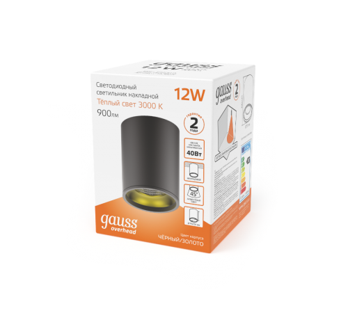 Светильник  Overhead накл цил 12W 900lm 3000K 170-240V IP20 79*100мм черный LED 1/10  HD008  Gauss