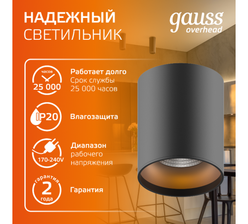 Светильник  Overhead накл цил 12W 900lm 3000K 170-240V IP20 79*100мм черный LED 1/10  HD008  Gauss