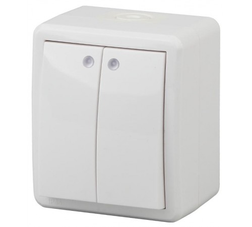 Выключатель 2-клавишный с подсветкой 11-1405-01 IP54, 10АХ-250В, ОУ, Эксперт, Белый (16/160/2560 Б0020677  ЭРА