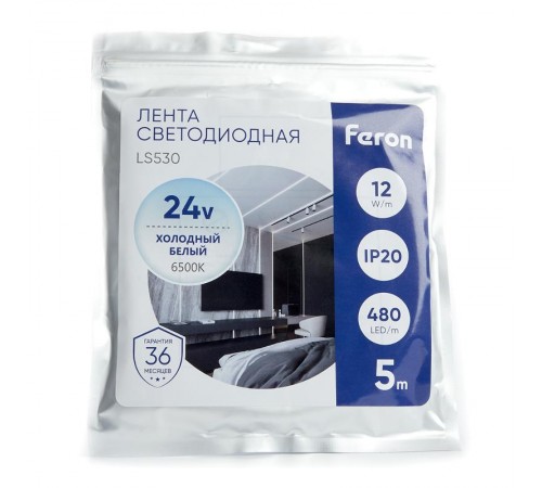 Лента светодиодная 480SMD(2110) 12Вт/м 24V 5000*10*1.8мм IP20 6500К, LS530 FERON  48272  FERON