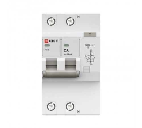 Выключатель автоматический дифференциального тока АД-2 6А/ 30мА (характеристика C, AC, электронный, защита 270В) 6кА PROxima  DA2-6-06-30-pro  EKF