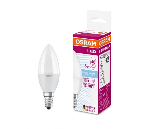 Лампа светодиодная LED 5Вт/840 Е14 220-240В 4000К 470lm LS CLB 40 FR свеча  4058075056886  Osram