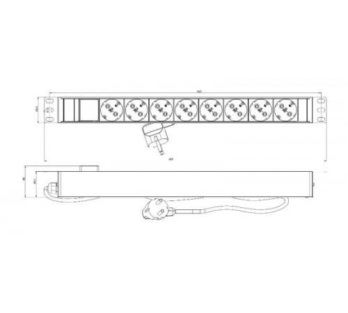 SHZ19-8SH-S-2.5EU Блок розеток для 19" шкафов, горизонтальный, 8 розеток Schuko, выключатель с подсветкой, 482.6x44.4x44.4мм  459583  Hyperline