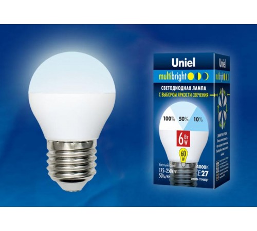 Лампа светодиодная LED-G45-6W/NW/E27/FR/MB PLM11WH LED. "шар", матовая. Серия Multibright. 4000K 100-50-10 .  UL-00002378  Uniel