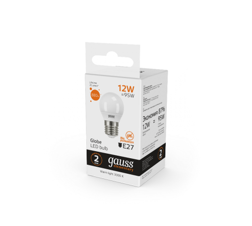 Лампа светодиодная LED Elementary Шар 12W 880lm E27 3000K  53212  Gauss