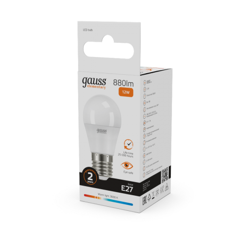 Лампа светодиодная LED Elementary Шар 12W 880lm E27 3000K  53212  Gauss