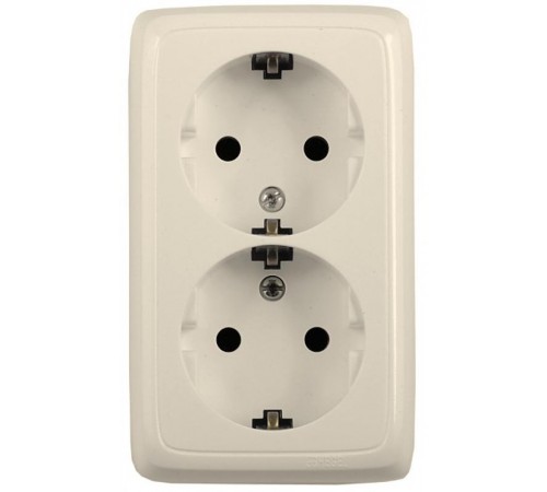 Розетка открытой установки, двухместная, с заземляющим контактом, со шторками, цвет слоновая кость  РА16-152-01  HEGEL