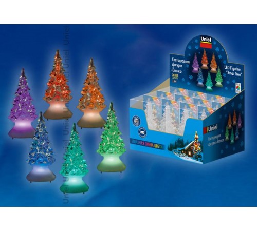 Фигура светодиодная "Ёлочка"  ULD-F620 RGB XMAS TREE SET12 набор 12 шт RGB 5х10см. IP20 от ЭП CR2032 (в/к)  11040  Uniel