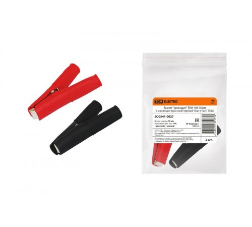 Зажим "крокодил" ЗКИ 10А 56мм в изоляции красный/черный (1шт+1шт)  SQ0541-0027  TDM