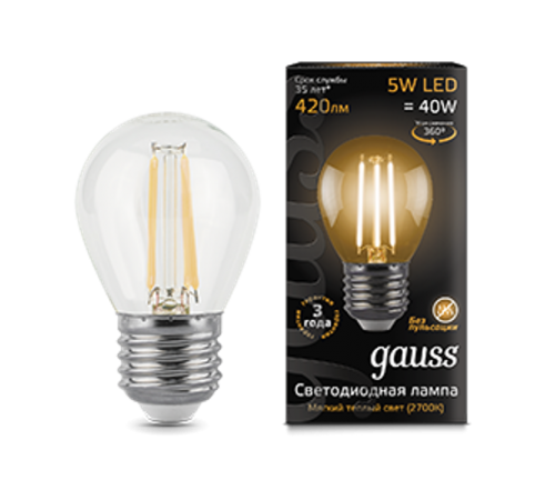 Лампа светодиодная LED 5Вт E27 220В 2700К шар  105802105  Gauss