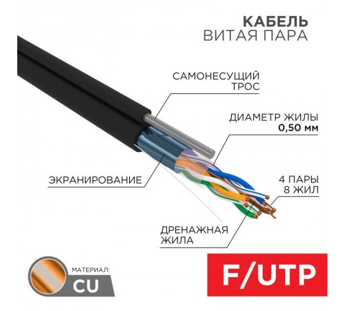 Кабель FTP  4PR  24AWG  CAT5e  305м  OUTDOOR + ТРОС*1  01-0144  REXANT